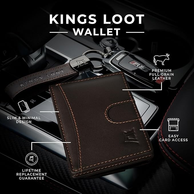 Kings Loot Money Clip Slim Minimalist Wallet for Men – RFID Blocking Leather Design with Money Clip – Front Pocket Bifold Holds 12 Cards – Stylish & Compact Wallets (Truffle/Engraved)