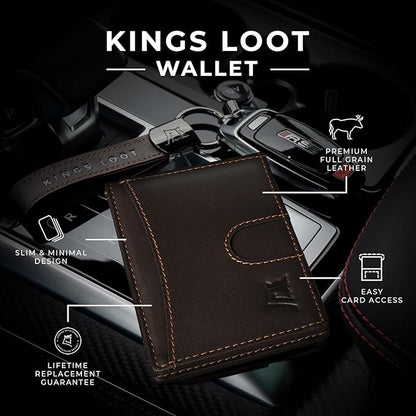 Kings Loot Money Clip Slim Minimalist Wallet for Men – RFID Blocking Leather Design with Money Clip – Front Pocket Bifold Holds 12 Cards – Stylish & Compact Wallets (Truffle/Engraved)