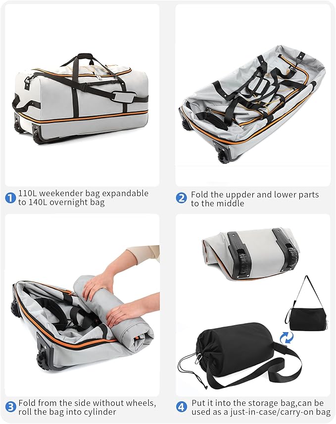 32" Soft-Sided Foldable Wheeled Travel Duffel Bag,Expandable 110L to 140L Rolling Cargo Bag with 2 Wheels and Multiple Pockets (001-Gray)