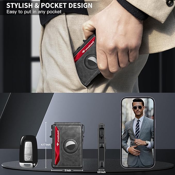 Airtag Wallet for Men, Mens Smart Wallet for Air Tag RFID Blocking, Minimalist Bifold Pop Up Aluminum Credit Card Case Holder 12+ Cards with ID Window, Gift for Men, No Airtag Included, Gray