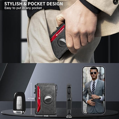 Airtag Wallet for Men, Mens Smart Wallet for Air Tag RFID Blocking, Minimalist Bifold Pop Up Aluminum Credit Card Case Holder 12+ Cards with ID Window, Gift for Men, No Airtag Included, Gray