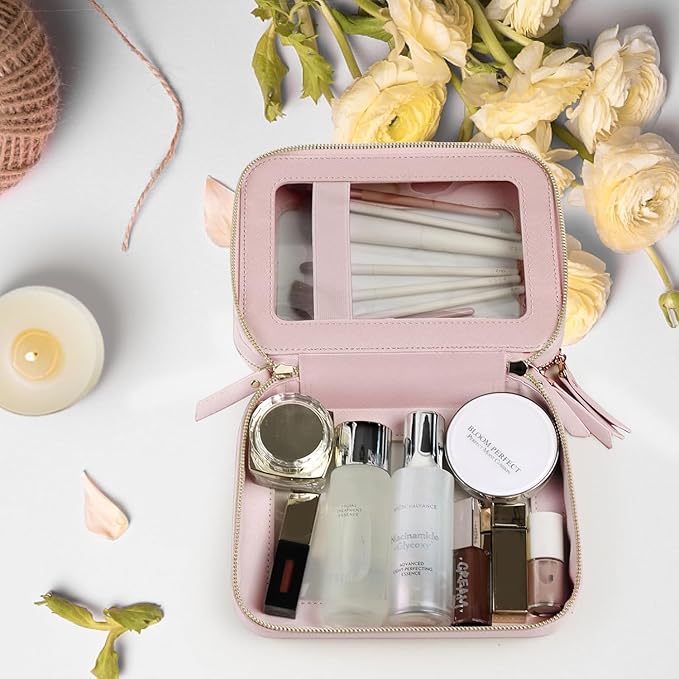 Prite Double Layer Makeup Bag for Women Portable Clear Makeup Bag Cute Waterproof Travel Cosmetic Bag with Gold Zipper for Car Essentials(Pearlescent Pink)