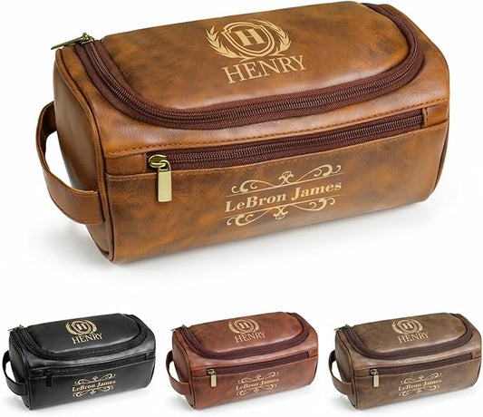 Personalized Toiletry Bag for Men, Custom Leather Shaving Dopp Kit for Him, Engraved Name Initials Travel Bag for Husband, Personalized Christmas Birthday Gifts for Men Dad Groomsmen-Tan