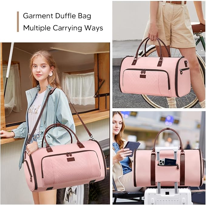 Garment Bag for Airplane Travel,Weekender Travel Bag for Women, 2 in 1 Convertable Garment Duffle Bag with Shoes Compartment Carry on Bag Hanging Garment Bag Travel with Shoulder Strap,Pink