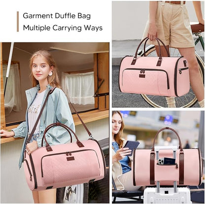 Garment Bag for Airplane Travel,Weekender Travel Bag for Women, 2 in 1 Convertable Garment Duffle Bag with Shoes Compartment Carry on Bag Hanging Garment Bag Travel with Shoulder Strap,Pink