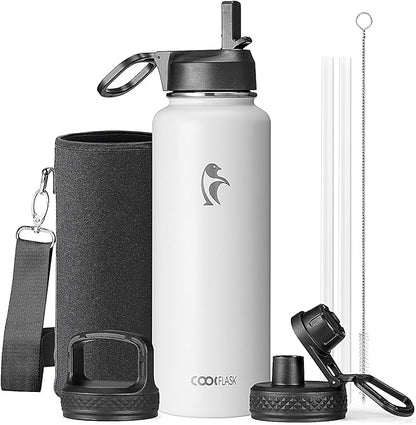 Coolflask Water Bottle 40 oz Insulated with Straw, Stainless Steel Metal 3 Lids Water Flask for Sports or Office, Keep Cold 48H Hot 24H, White