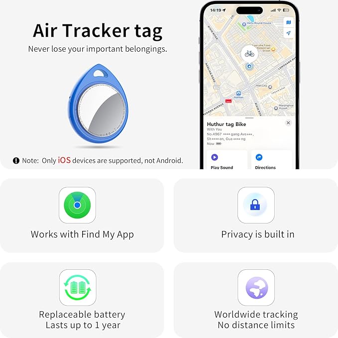Air Tracker Tags 4 Pack Blue, 5.3 Bluetooth Tracker Work with Apple Find My (iOS Only), 100dB Sound, Smart Tag with Keychain/Lanyard, Item Finder for Luggage/Key/Suitcase, Replaceable Battery