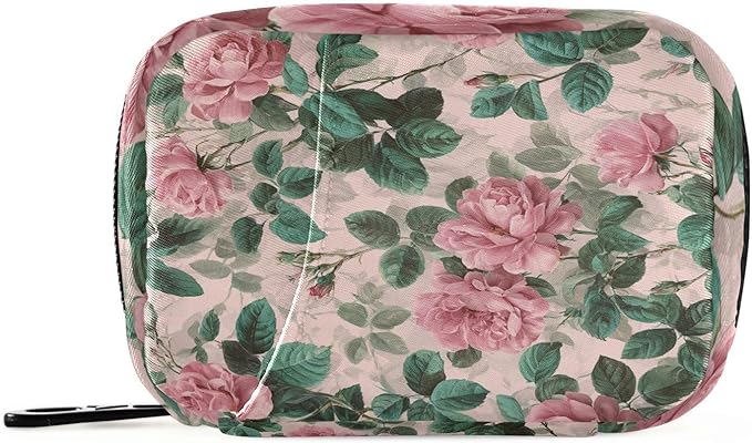 Pink Vintage Roses with Leaves Travel Pill Organizer Case Box Container Weekly Portable Vitamin Medicine Holder Storage Bag with Zipper Removable
