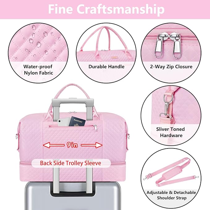 Weekender Bag for Women, Travel Duffel Bag Carry On Overnight Bag with Shoe Compartment Large Nylon Travel Weekend Tote Bag