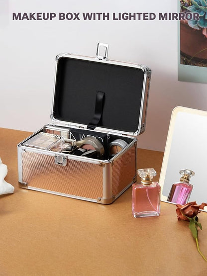 Qislee Makeup Box Mini with A Detachable Lighted Mirror, Waterproof Small Makeup Case,Cosmetic Organizer and Travel Train Case with Magnetic LED Mirror(Silver Frame Rose Gold)