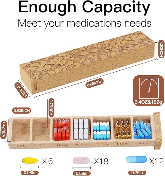 Wooden Pill Organizer, 7 Day Pill Box, Travel Pill Box, Wooden Pill Case Privacy Protection Perfect for Medication, Vitamins, Fish Oils, Supplements (Plus Beech)
