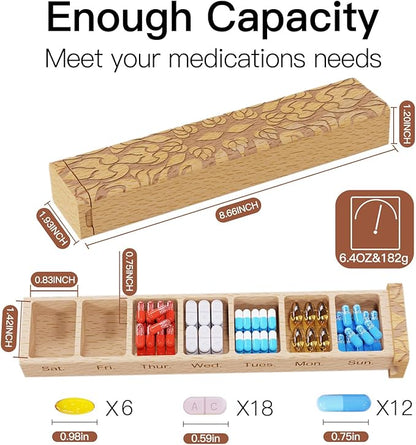 Wooden Pill Organizer, 7 Day Pill Box, Travel Pill Box, Wooden Pill Case Privacy Protection Perfect for Medication, Vitamins, Fish Oils, Supplements (Plus Beech)