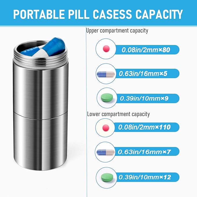 TISUR Pill Case, Titanium Keychain Pill Holder, 2 Compartments Small Metal Pill Box Tiny Waterproof Pill Bottle Pocket Portable Pill Organizer Container for Travel Purse Outdoor(Extended Upgrade)