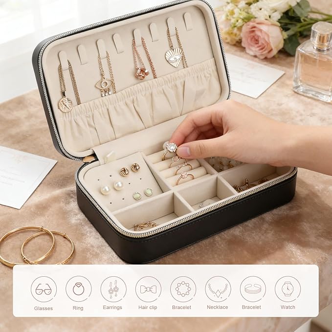 Women's Compact Jewelry Organizer PU Leather Travel Case with Secure Zipper and Soft Interior Perfect for Gifts or Personal Use Black