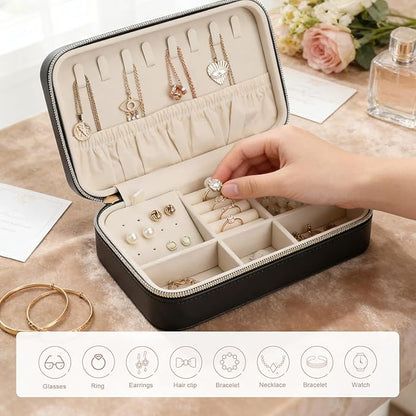 Women's Compact Jewelry Organizer PU Leather Travel Case with Secure Zipper and Soft Interior Perfect for Gifts or Personal Use Black