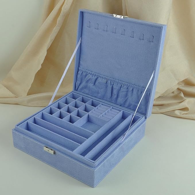 Jewelry Boxes 10 x 10 Inches 2-layer Handle Necklace Holder Organizer Jewellery Women Rings Storage Display Girls Earrings Case Lockable Jewelry Tray GY641 (Lavender)