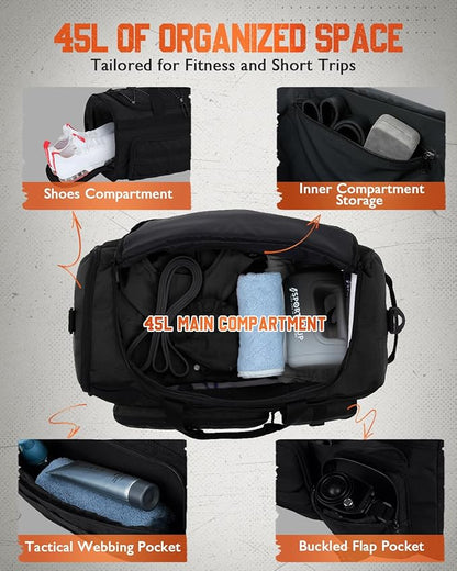 Gonex 45L Duffel Bag for Men, 3 in 1 Convertible Carry Gym Duffle with Shoe Compartment, Tactical Gear Loops, Water-Repellent Lining, Workout & Travel Bag (Black)