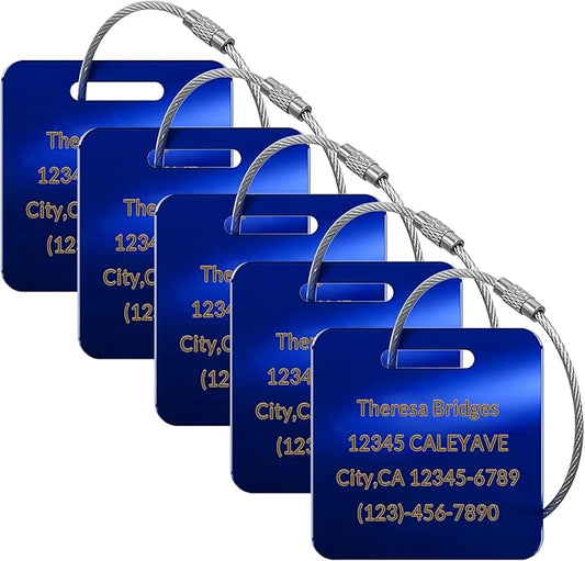 (5pcs) Made in USA Personalized Engraved Luggage tag-Custom Luggage Metal Tags for Unique Suitcase & Backpack Travel, Durable, Waterproof & Heavy Duty ((2×2) Blue)
