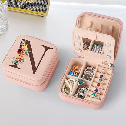 Parima Travel Jewelry Box Jewelry Case - Jewelry Organizer with Mirror Gifts for Women Her Friends Female Birthday Gifts Initial Personalized Jewelry Box for Her - Letter N, Pink