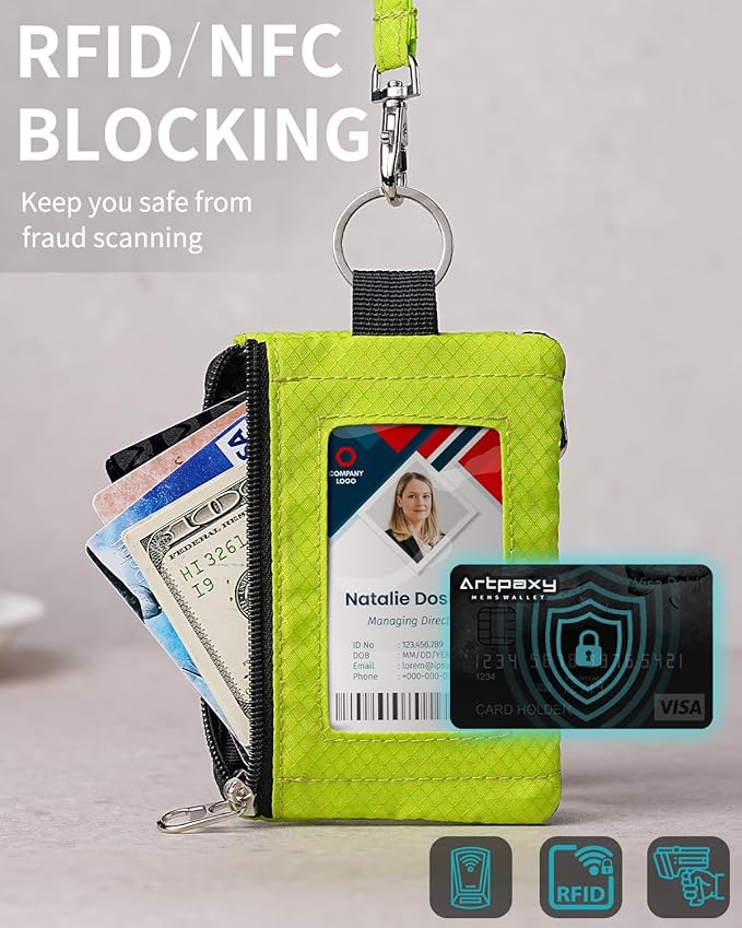 Minimalist Wallet For Mens Womens, Keychain RFID Blocking Zipper Small Wallet with ID Window 2 Lanyards,Water Resistant Travel Cash Card Coin Case Boys Girls