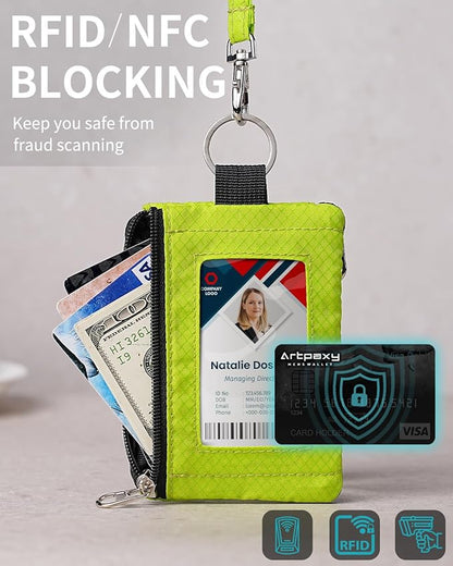 Minimalist Wallet For Mens Womens, Keychain RFID Blocking Zipper Small Wallet with ID Window 2 Lanyards,Water Resistant Travel Cash Card Coin Case Boys Girls