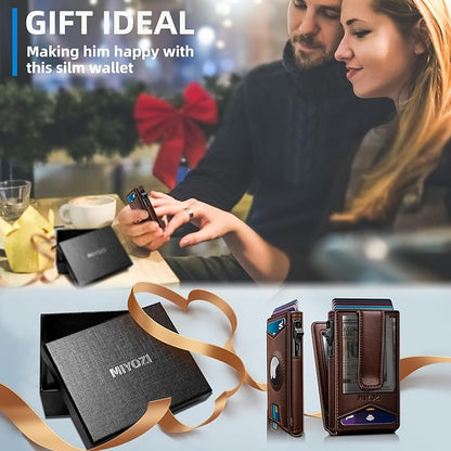 Airtag Wallet for Men,with Money Clip Gift Boxed,Slim Front Pocket Wallet RFID Blocking Metal Case Smart Pop-up Credit Card Holder in Magnetic Leather Flip