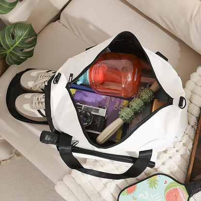 Personalized Duffel Bag Custom Sport Gym Travel Bags Embroidered Name Text Customized Dry Wet Separated Weekend Waterproof Bag for Women Men (D-White)