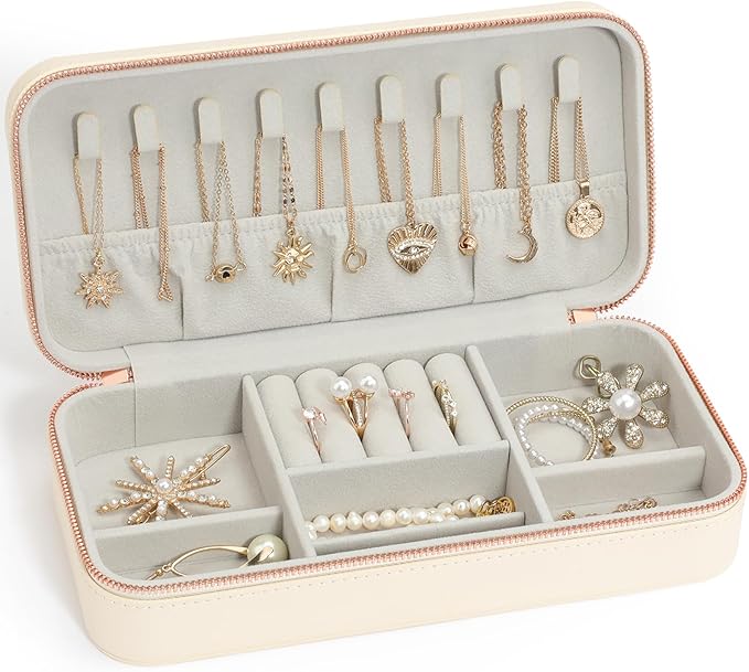 Travel Jewelry Case, Small Jewelry Organizer Box Portable Jewellery Box for Rings Earrings Necklaces Bracelets, Beige C
