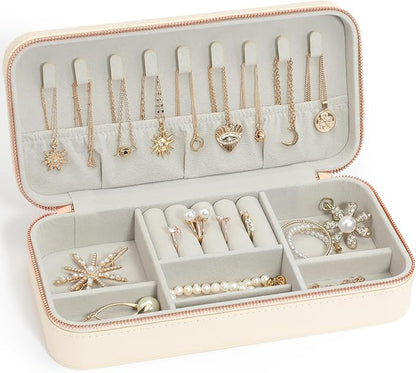 Travel Jewelry Case, Small Jewelry Organizer Box Portable Jewellery Box for Rings Earrings Necklaces Bracelets, Beige C