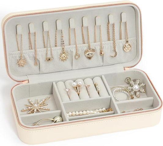 Travel Jewelry Case, Small Jewelry Organizer Box Portable Jewellery Box for Rings Earrings Necklaces Bracelets, Beige C