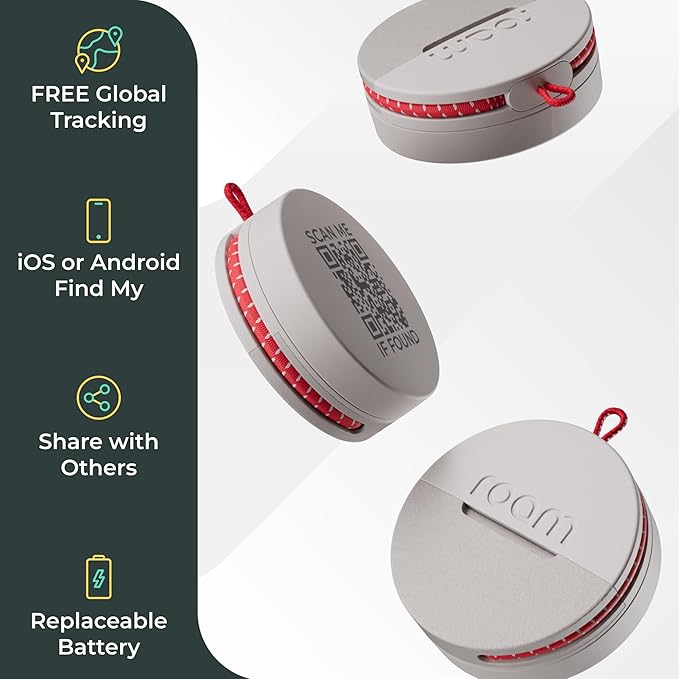 Roam Smart Tracker | Family-Friendly Eco Tracker for Keys, Bags & Kids’ Gear | Works with iOS & Android | Built-in Strap, QR Lost & Found | Replaceable Battery | No Extra App | 1-Pack, Grey