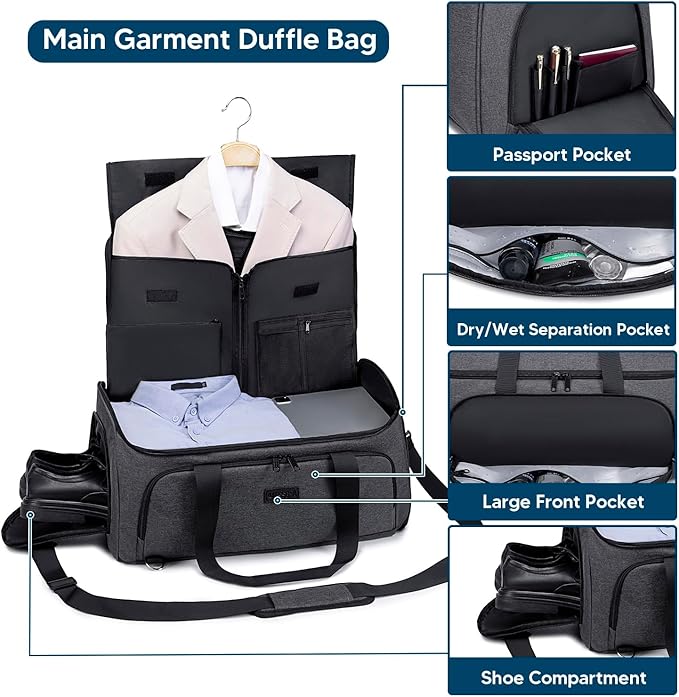 Garment Bags for Travel 58L Garment Bags Duffle Bag for Travel Convertible Carry On Garment Duffle Bag 4 in 1 Foldable Suit Bag with Shoes Compartment for Men Women Weekender，Dark Grey