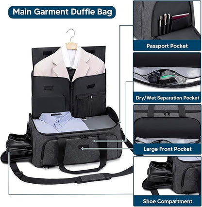 Garment Bags for Travel 58L Garment Bags Duffle Bag for Travel Convertible Carry On Garment Duffle Bag 4 in 1 Foldable Suit Bag with Shoes Compartment for Men Women Weekender，Dark Grey