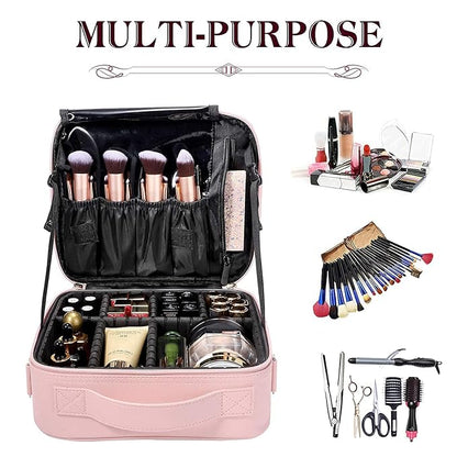 gzcz Travel Makeup Bag,Professional Cosmetic Bags for Women,Portable Makeup Brush Bag Organizer Storage with Adjustable Dividers and Shoulder Strap