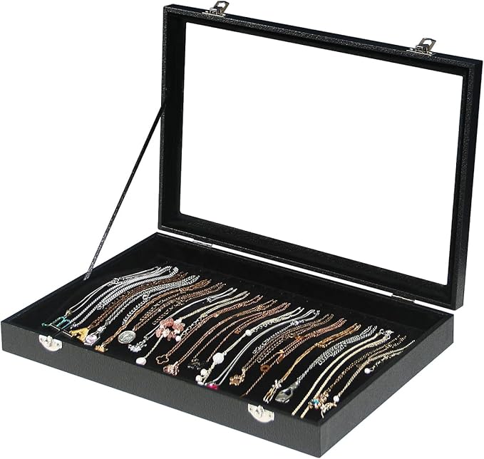 Coward 20 Hooks Necklace Organizer Jewelry Box, Dustproof Necklace Display Holder Case, Black Velvet Necklace Display Tray Case with Transparent Glass Lid for Home Use or Store Selling Show