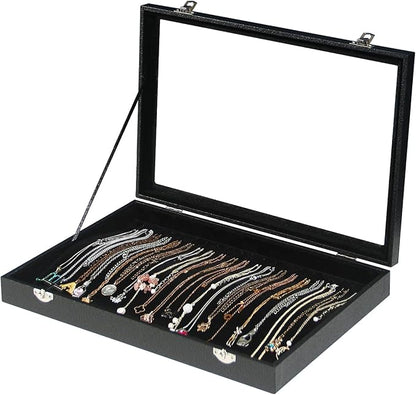 Coward 20 Hooks Necklace Organizer Jewelry Box, Dustproof Necklace Display Holder Case, Black Velvet Necklace Display Tray Case with Transparent Glass Lid for Home Use or Store Selling Show