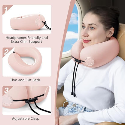 Travel Neck Pillows for Airplane Adults, Memory Foam Neck Support Travelling Pillow with Washable Cotton Pillowcases and Storage Bag, for Car, Train, Flight, Office and Home Use Adults Pink