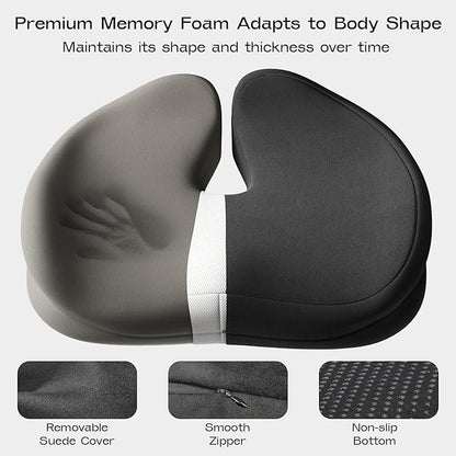 Seat Cushions for Office Chairs - Patented Coccyx Cushion for Tailbone Pain - 21.2" W x 16.5" L Memory Foam Extra Large Seat Cushion, Removable & Machine Washable Cover (Black)