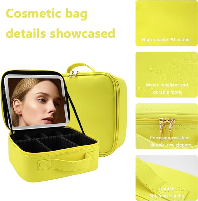 Travel Makeup Bag for Women and Makeup Artists Cosmetic Organizer Large Makeup Case,Travel Makeup Bag with Mirror 3 Color Setting,Portable Storage and Adjustable Dividers(yellow)