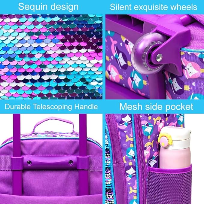 AGSDON Kids Suitcase for Girls, Cute Mermaid Rolling Luggage Wheels for Children Toddler
