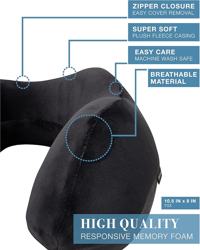 Brookstone Neck Travel Pillow - Lightweight Contoured Memory Foam Stuffable Travel Neck Pillow for Sleeping, Car, & Airplane, Size One Size, Black