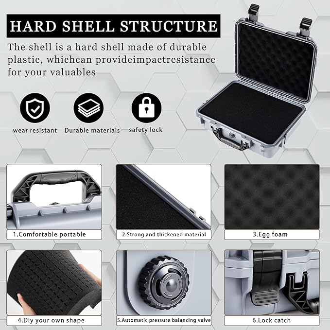 1 Pcs 11.3 x 8.7 x 4.2 Inch Waterproof Hard Case with DIY Customizable Foam Insert Portable Protective Case with Knife for Camera Drones Equipments Tools Test Instruments (Gray)