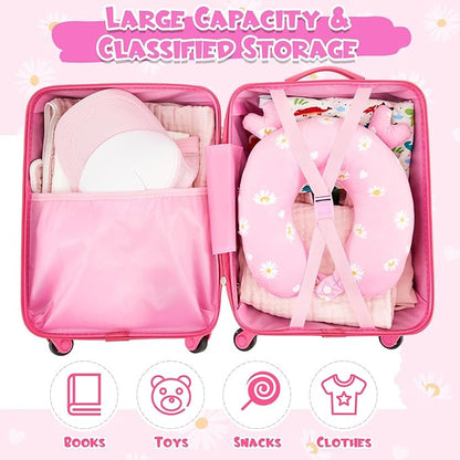 Redbaker 6 Pcs Kids Luggage Set 17 Inch Kids Rolling Luggage Double Pattern Suitcase for Girls Boys School Gift(Light Pink,Leopard Print Style)