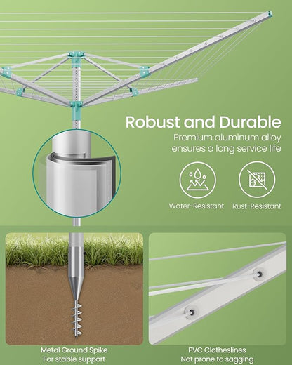 SONGMICS Umbrella Drying Rack, Retractable Outdoor Drying Rack, Height Adjustable, 164 ft Long Clothesline, Holds 5 Laundry Loads, for Garden, with Ground Spike, Cover, Silver and Green ULLR301E01