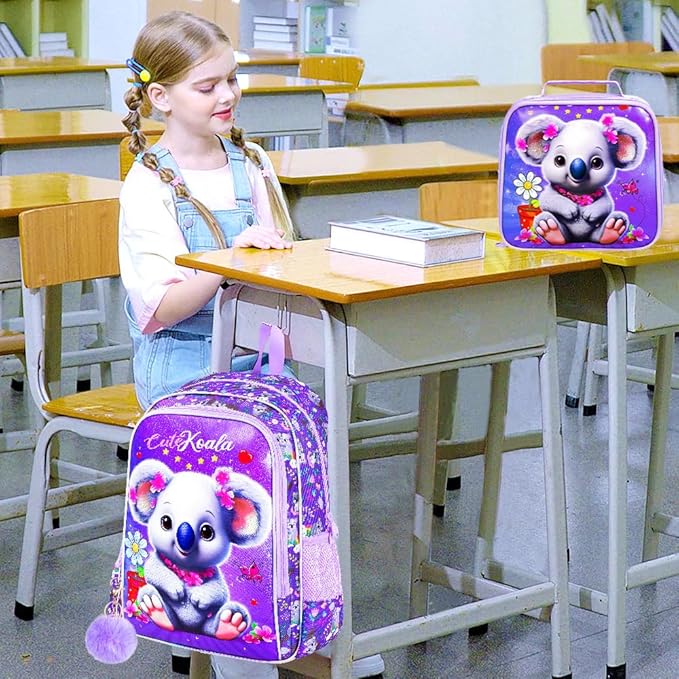 WZLVO 3PCS Backpack for Girls, 16" Kids Koala Preschool Bookbag with Lunch Box，Cute Animal Water Resistant School Backpacks Set for Elementary Kindergarten