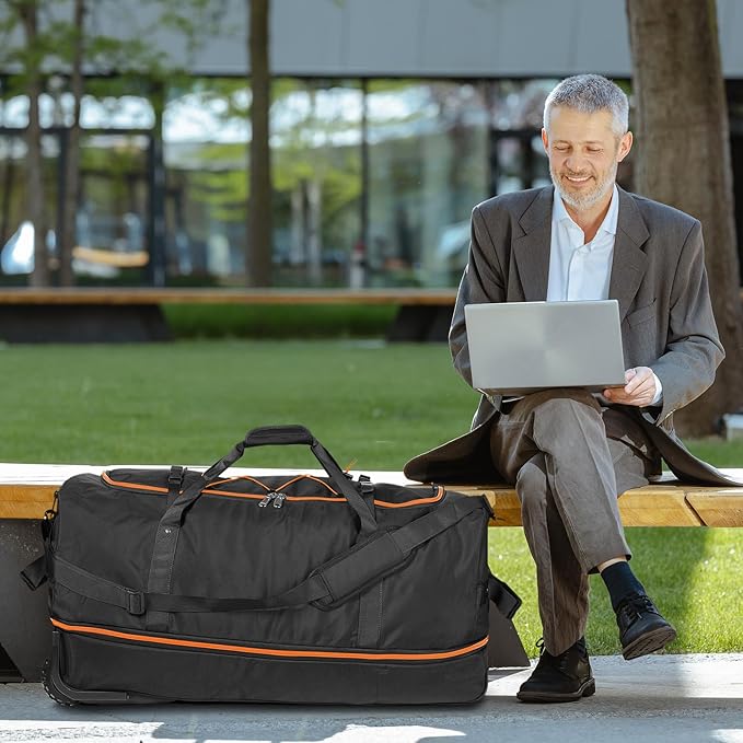32” 1680D Oxford Foldable Duffle Bag with 2 Wheels,110L to 140L Expandable Soft Sided Rolling Travel Bag,Black-orange