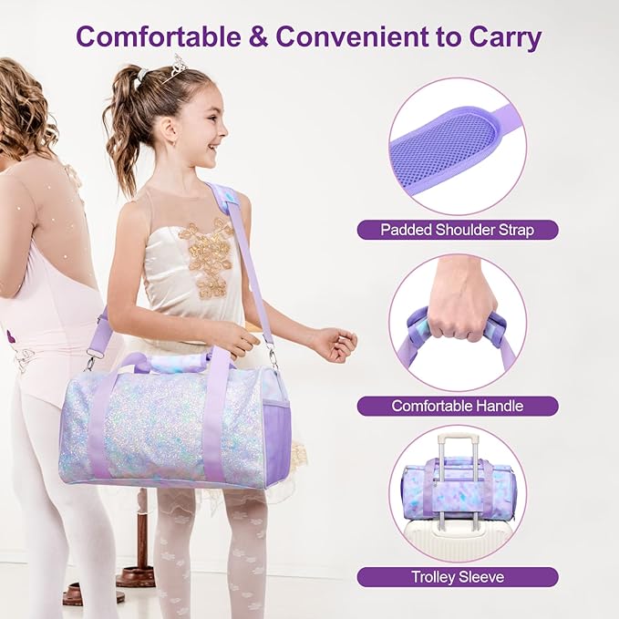 Bagseri Duffel Bags for Kids - Girls Dance Ballet Bag Waterproof Sports Gymnastics Bag for Girls Kids Sleepover Duffel Bag with Shoe Compartment and Dry Wet Separation Pockets (Tie-dye, Purple)