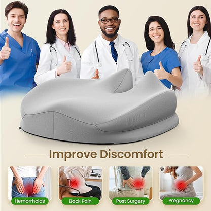 Benazcap Large Seat Cushion for Office Chair Memory Foam Coccyx Pain Relief Cushion Pillow for Back Support Non-Slip Seat Pad for Office Desk, Car Seat, Wheelchair, Sciatica-Grey