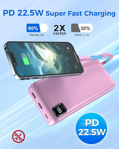 Portable Charger Power Bank 50000mAh Built-in Cables, PD 20W Fast Charging Large Capacity Battery Pack, 5 Output 2 Input LED Display Powerbank Compatible with Phone (Pink)
