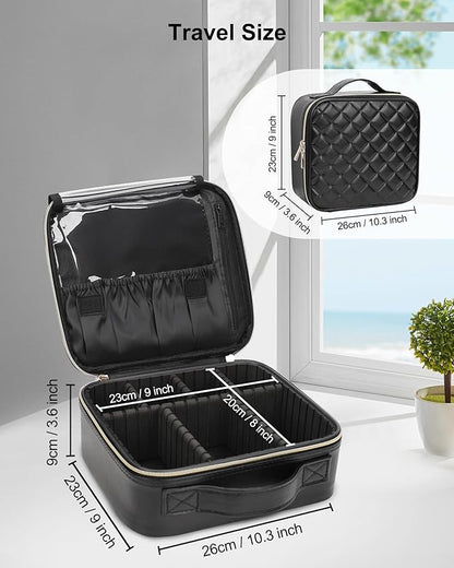 Relavel Makeup Bag, Travel Cosmetic Train Case Organizer Portable Artist Storage Bag with Adjustable Dividers for Cosmetics Makeup Brushes Toiletry Jewelry Digital Accessories Quilted Leather Black